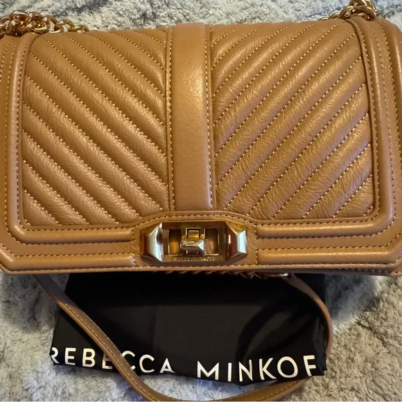 Rebecca Minkoff Chevron Quilted Love Leather Crossbody Bag British Tan - Picture 6 of 10